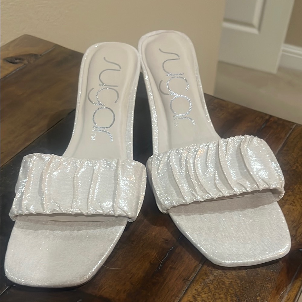 Sugar White Mules with Ruched Strap